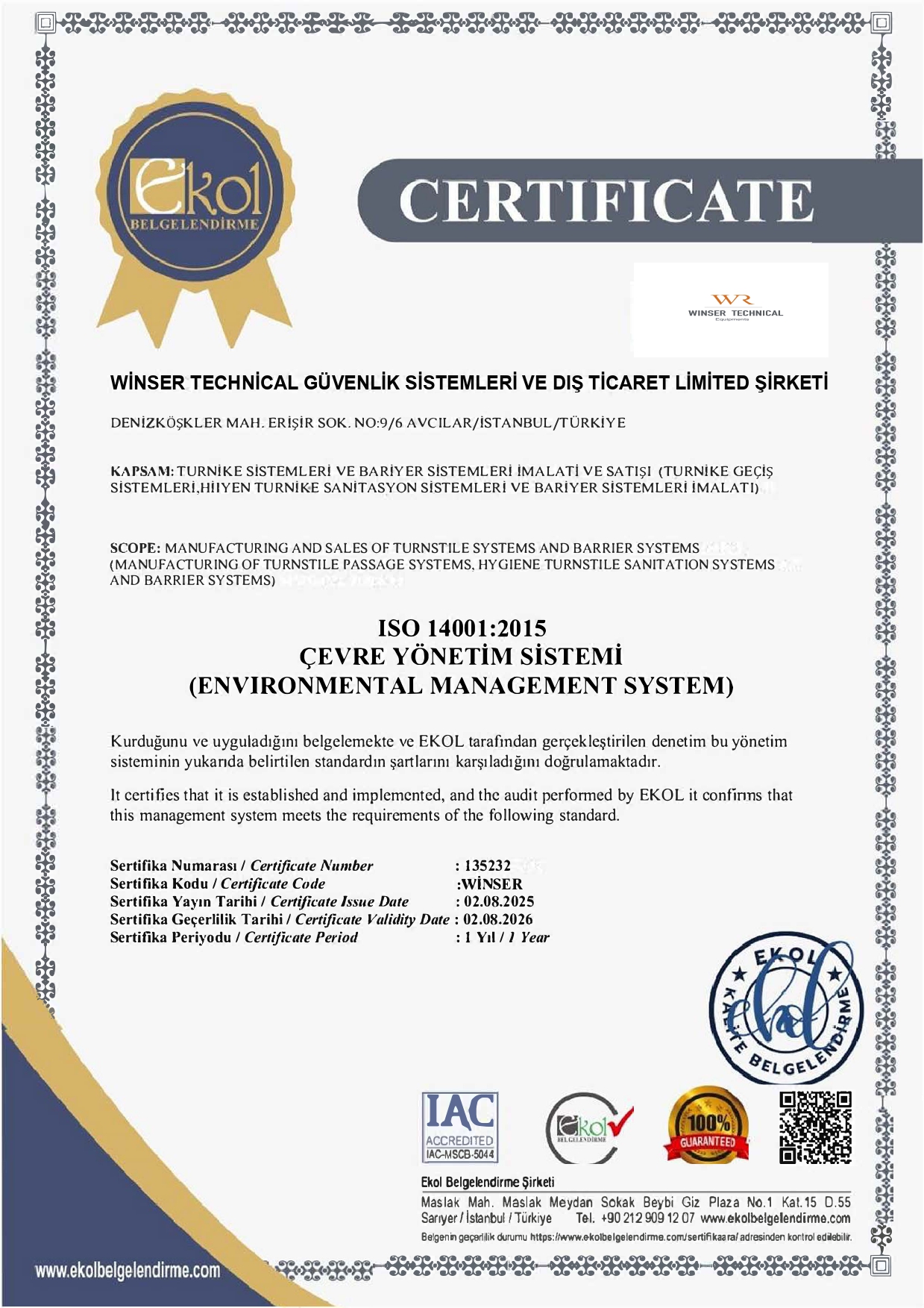 ISO 14001:2015 Çevre Yönetim Sistemi Sertifikası